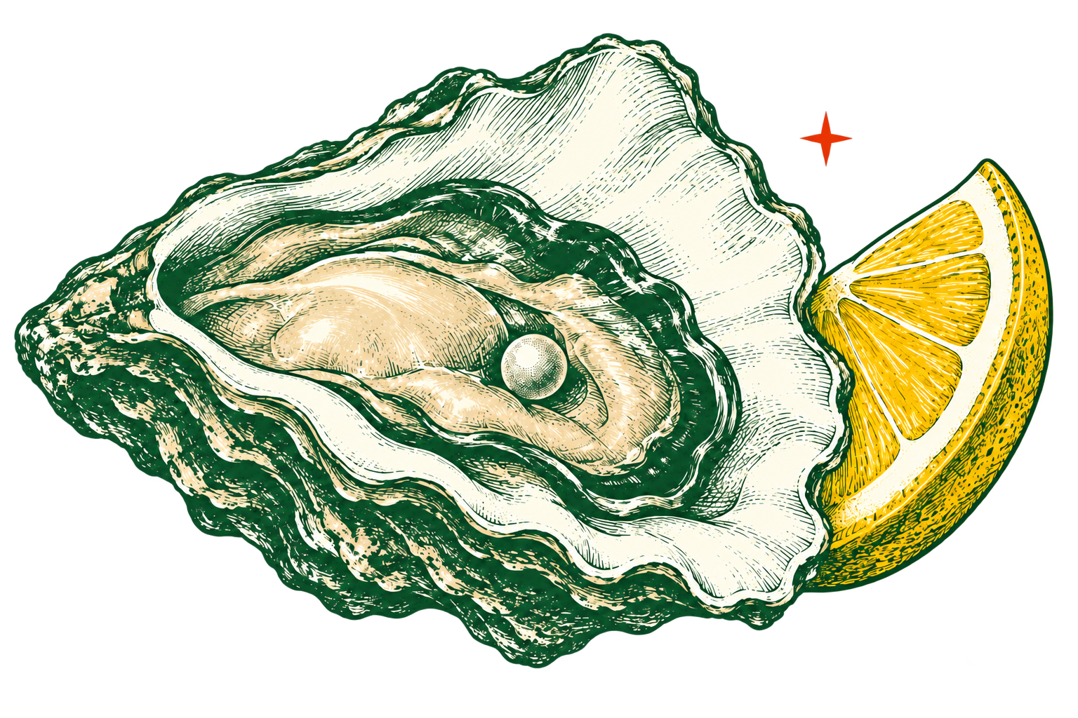 Hand-inked oyster with a pearl and a sunny lemon wedge